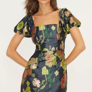 So Stunning Navy Blue Floral Jacquard Puff Sleeve Mini Dress